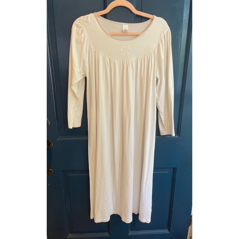 Calida White Cotton Long Sleeve Nightgown Floral Embroidered Small